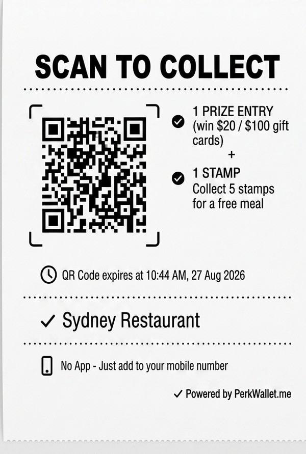 A PerkWallet single-use QR perk slip showing a Scan to Collect code, a prize draw entry, a stamp, and the participating shop name
